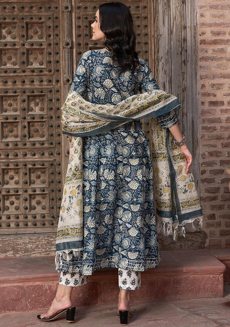 Navy Blue Printed Blended Kurta Set - Indya
