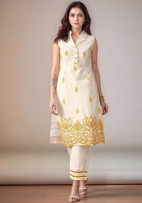 Off White Embroidered Blended Kurta Set