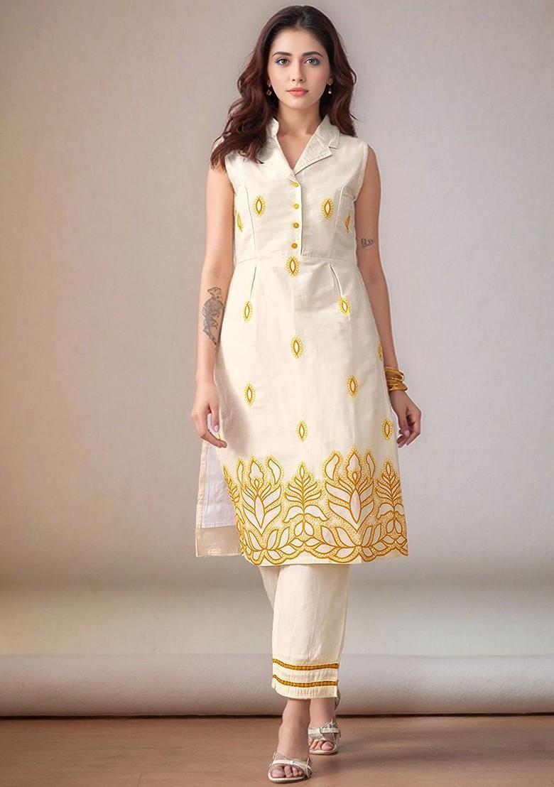 Off White Embroidered Blended Kurta Set