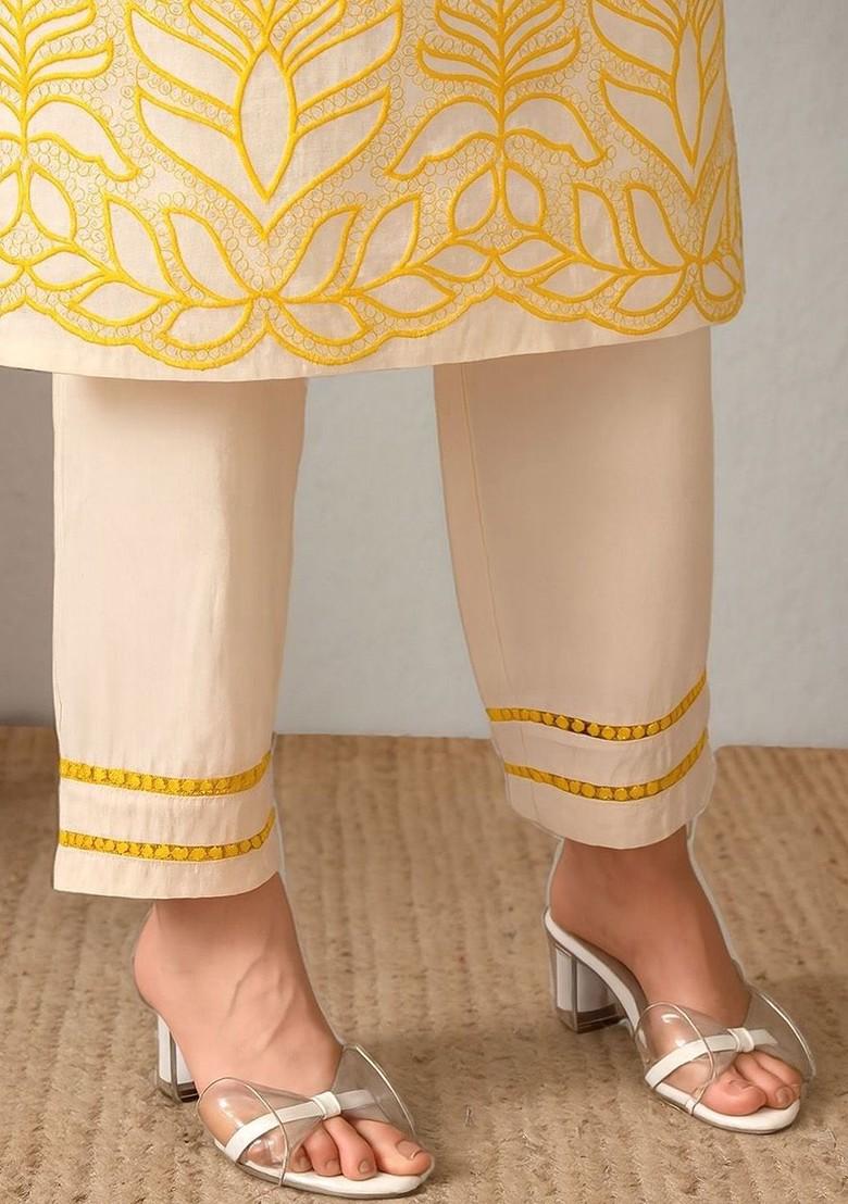 Off White Embroidered Blended Kurta Set