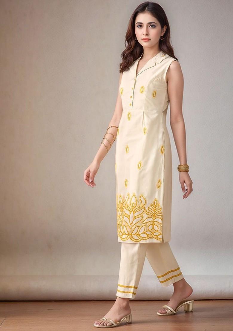 Off White Embroidered Blended Kurta Set