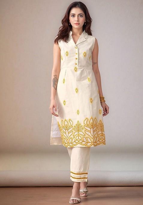 Off White Embroidered Blended Kurta Set
