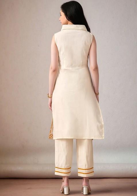 Off White Embroidered Blended Kurta Set