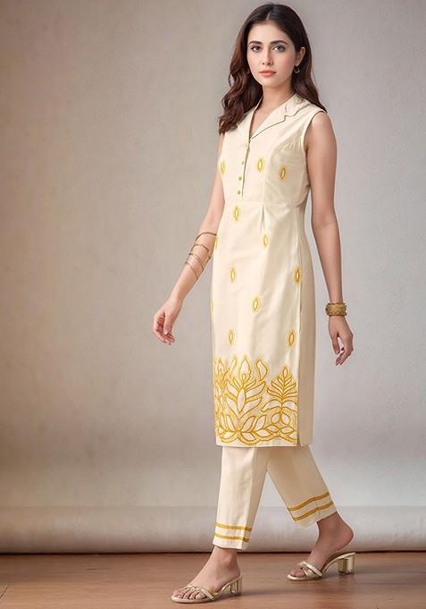 Off White Embroidered Blended Kurta Set