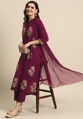 Burgundy Printed Blended Kurta Set