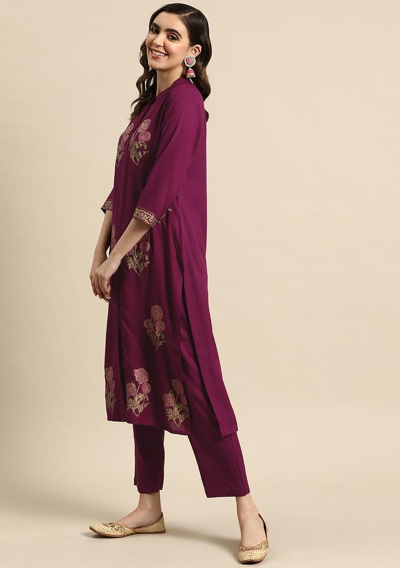 Burgundy Printed Blended Kurta Set - Indya