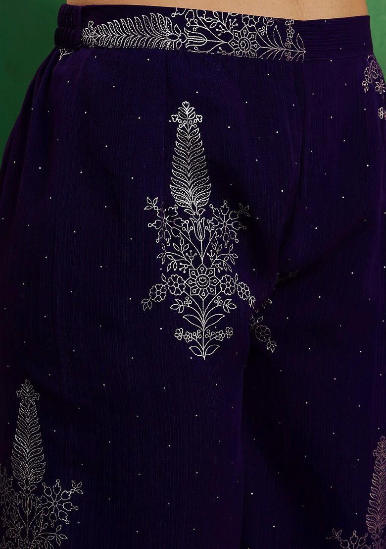 Purple Printed Blended Kurta Set - Indya