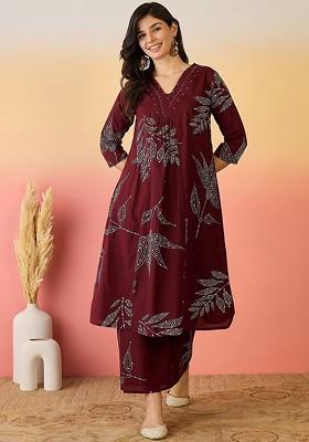 Maroon Printed Blended Kurta Set