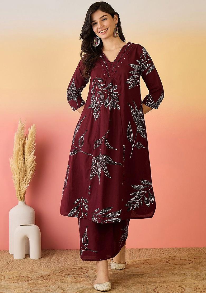 Maroon Printed Blended Kurta Set - Indya