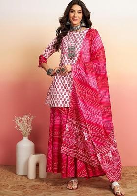 White Printed Blended Kurta Set