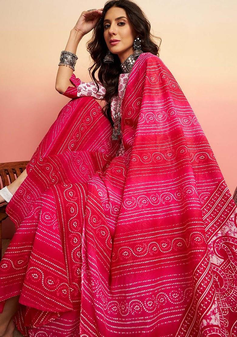 White Printed Blended Kurta Set - Indya