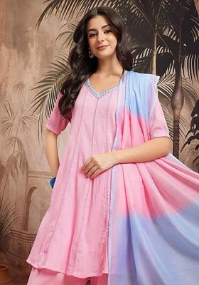 Pink Mirror Work Blended Kurta Set