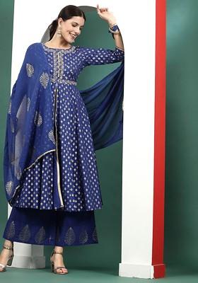 Blue Embroidered Blended Kurta Set