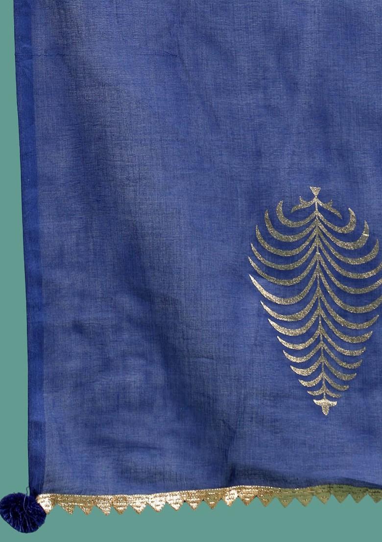 Blue Embroidered Blended Kurta Set - Indya