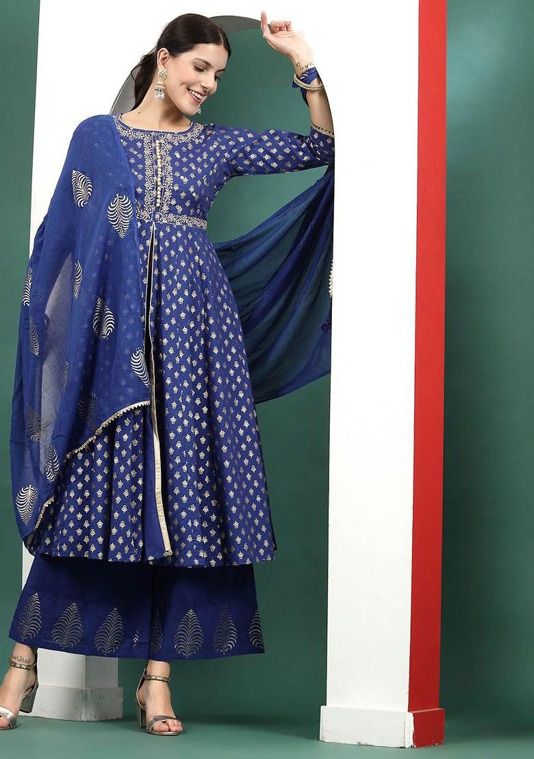 Blue Embroidered Blended Kurta Set - Indya