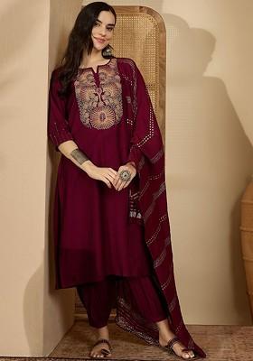 Maroon Embroidered Blended Kurta Set