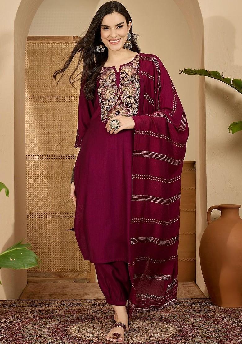 Maroon Embroidered Blended Kurta Set - Indya