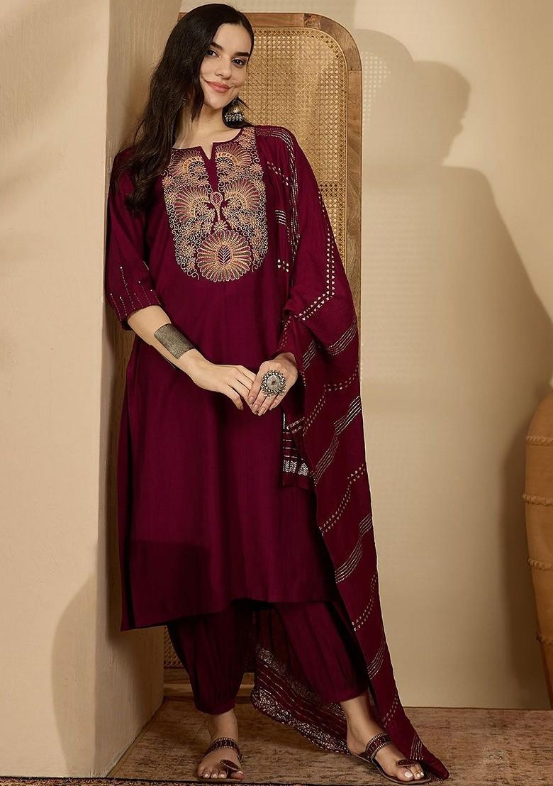 Maroon Embroidered Blended Kurta Set - Indya