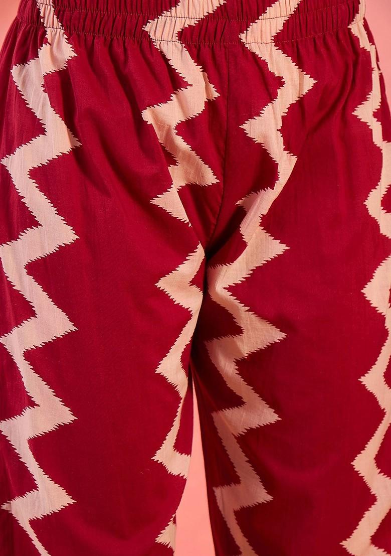 Maroon Printed Blended Kurta Set - Indya