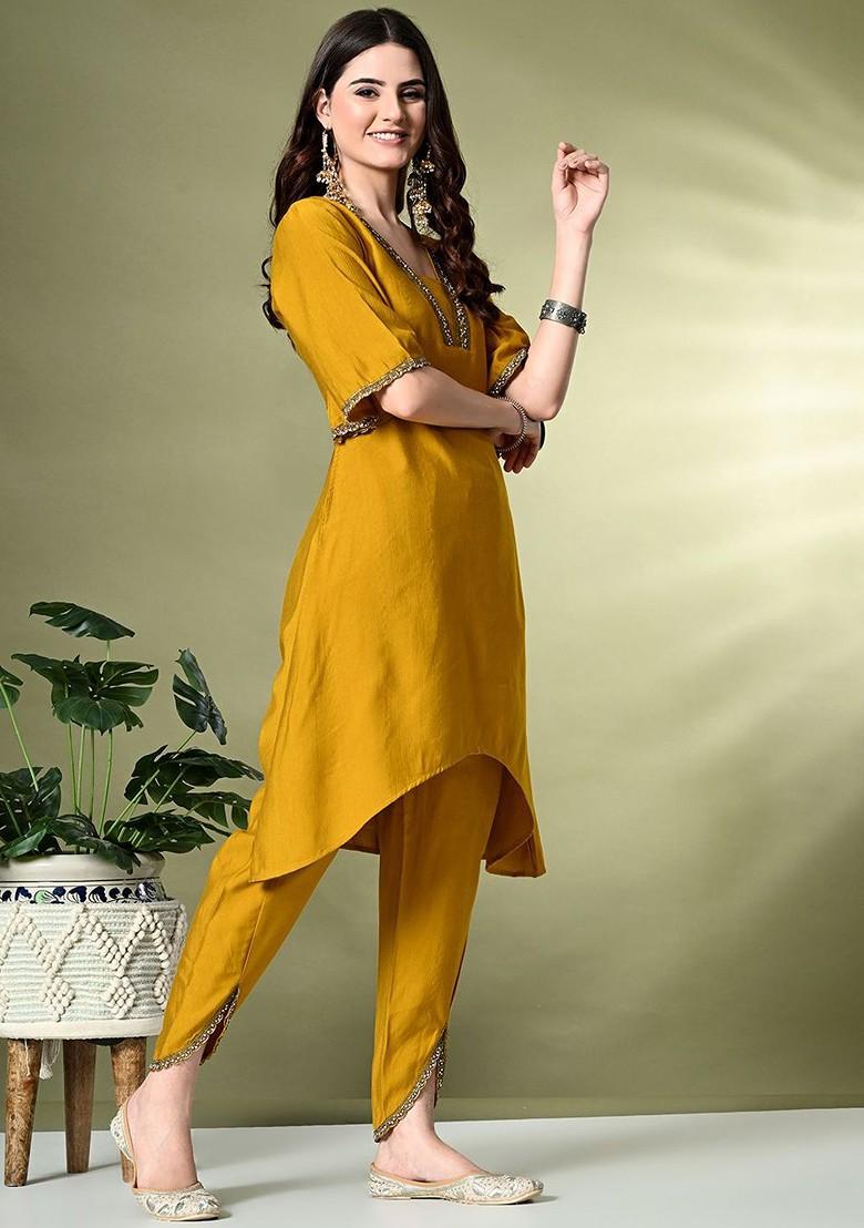 Mustard Thread Work Blended Kurta Set - Indya