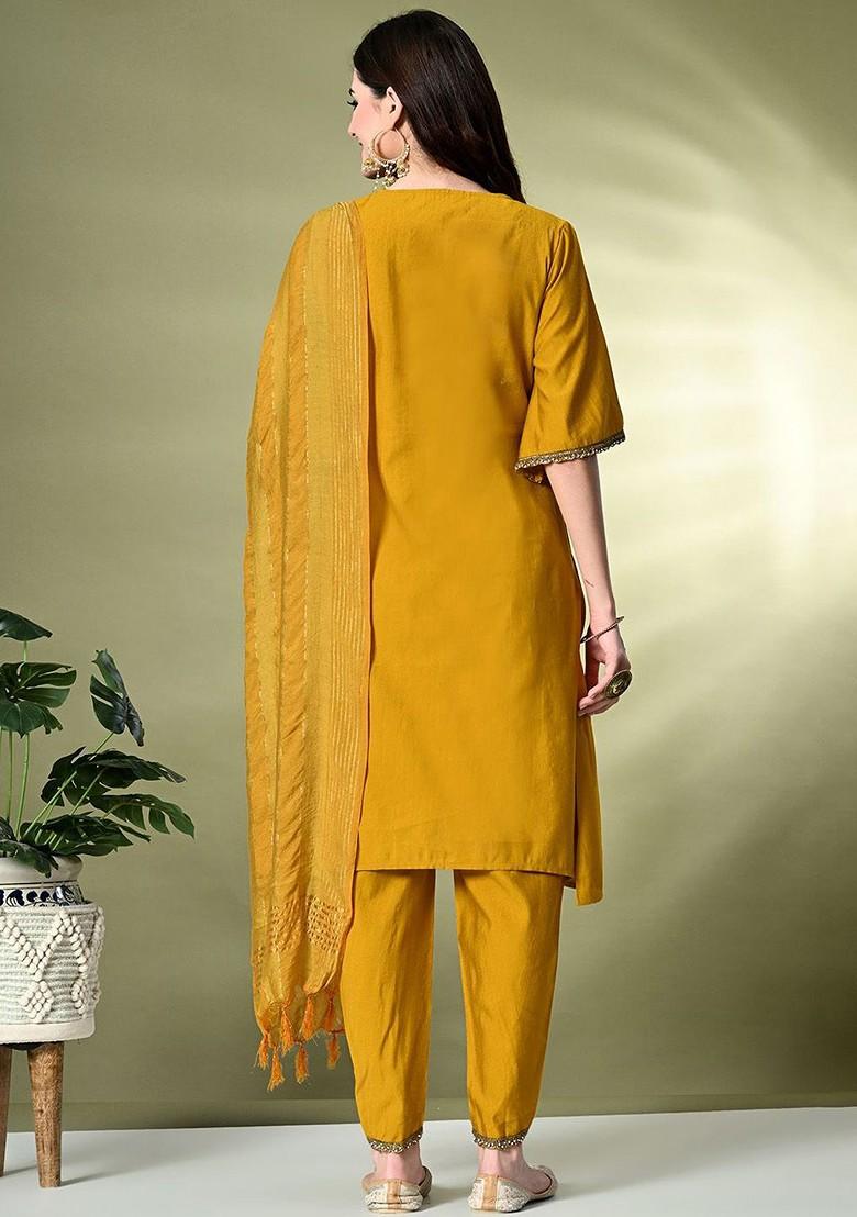 Mustard Thread Work Blended Kurta Set - Indya