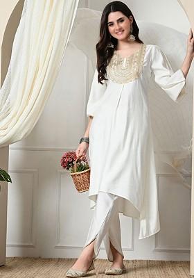 White Sequinned Blended Kurta Set