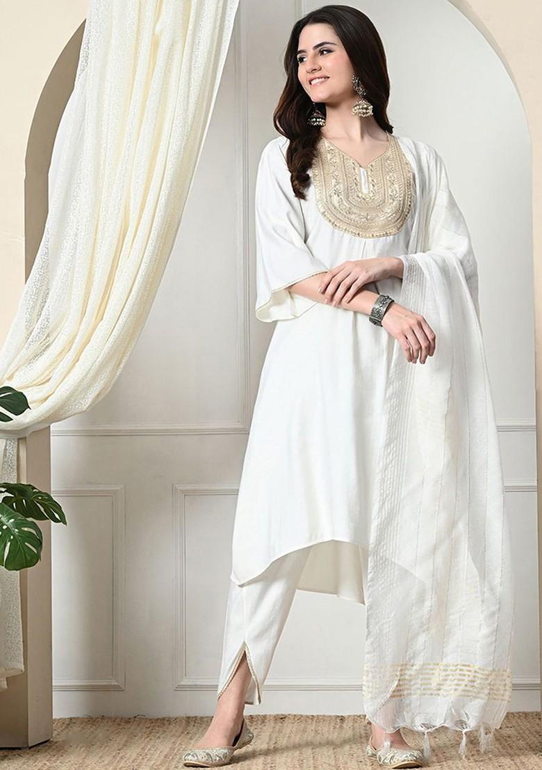 White Sequinned Blended Kurta Set - Indya