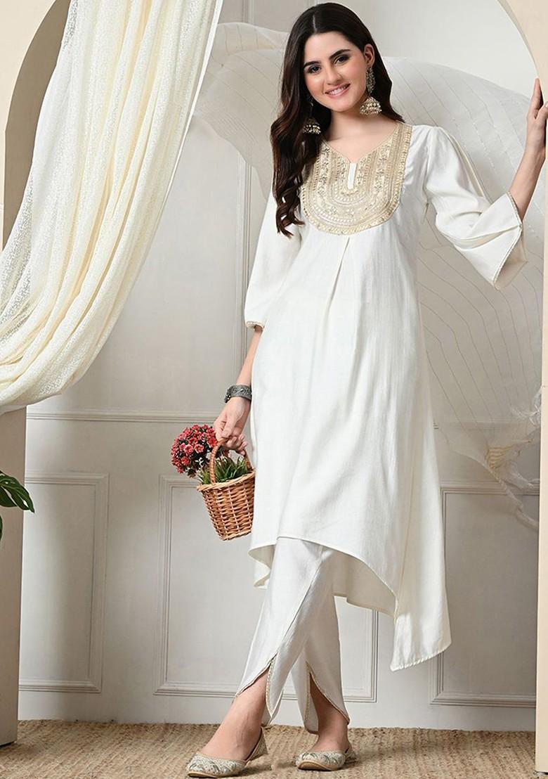 White Sequinned Blended Kurta Set - Indya