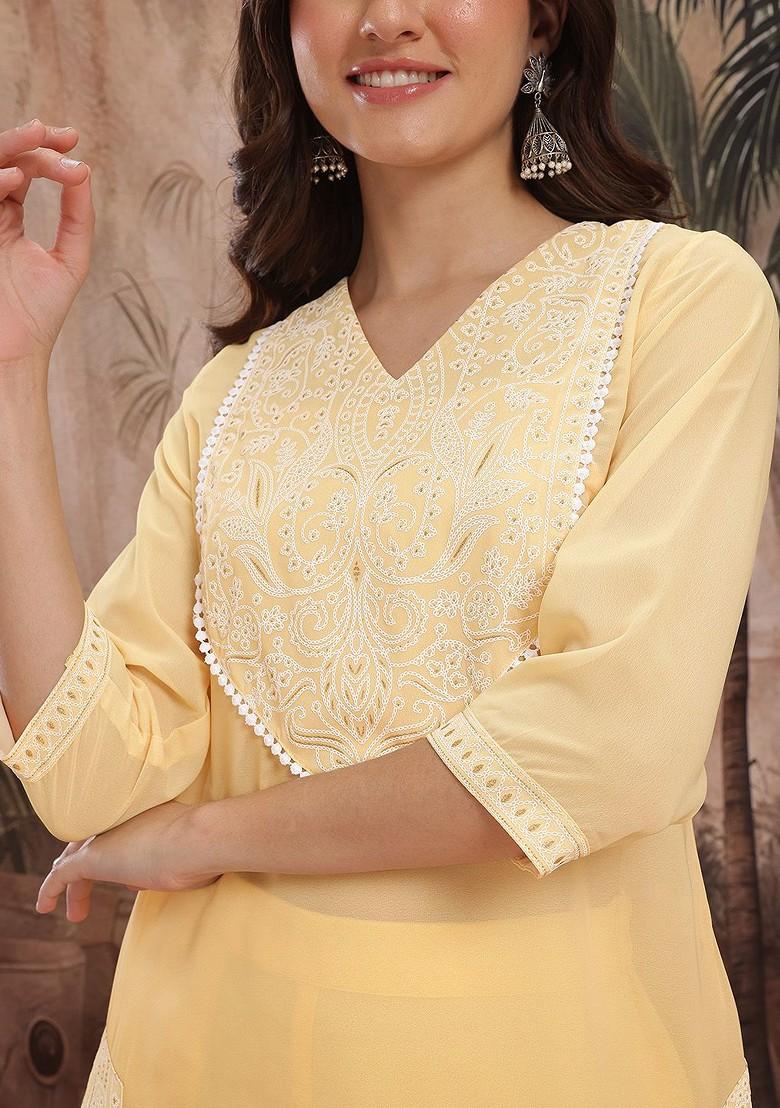 Yellow Embroidered Blended Kurta Set - Indya