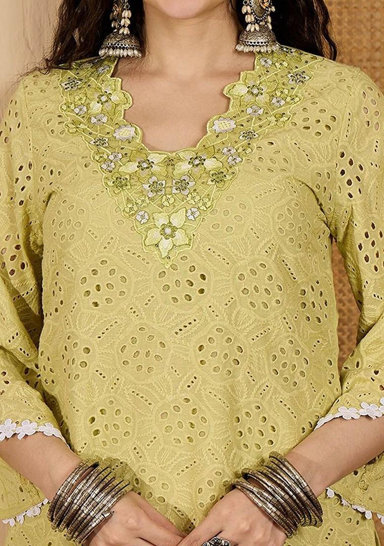 Green Embroidered Blended Kurta Set - Indya