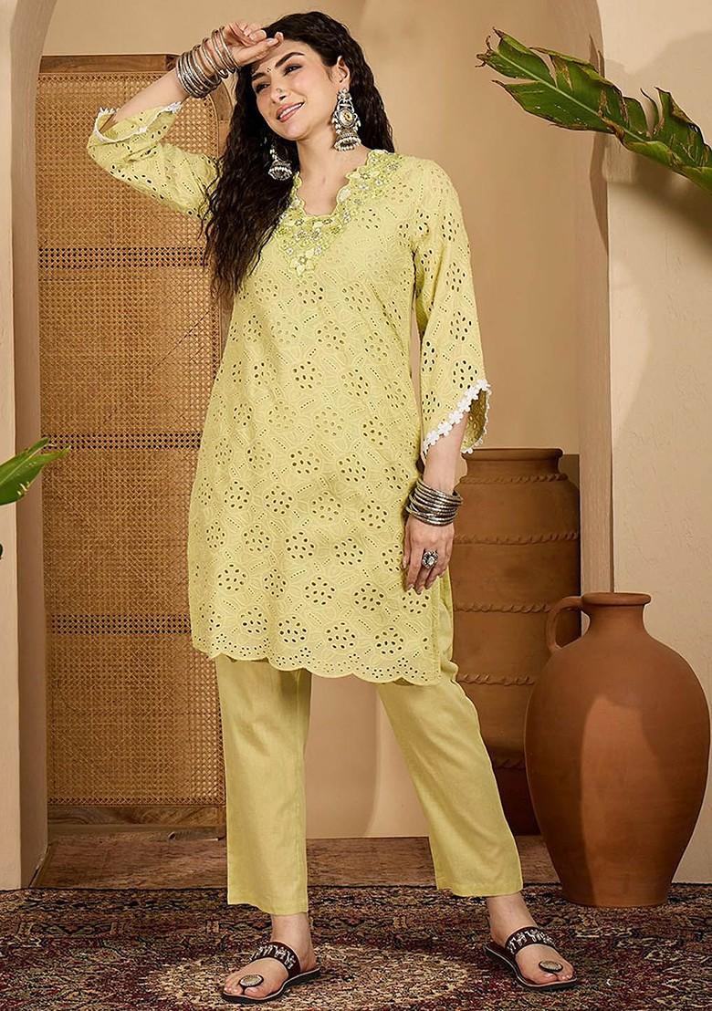 Green Embroidered Blended Kurta Set - Indya