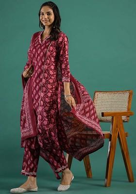Maroon Printed Blended Kurta Set