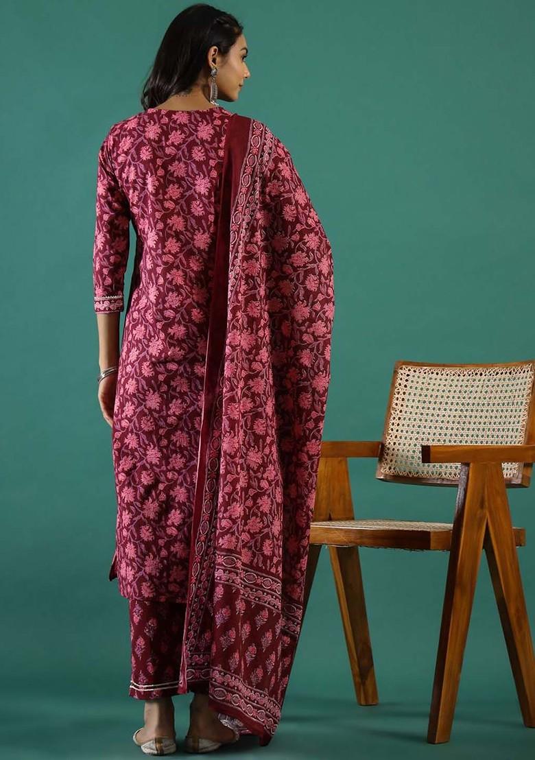 Maroon Printed Blended Kurta Set - Indya