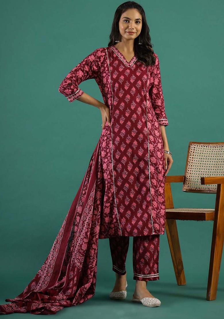 Maroon Printed Blended Kurta Set - Indya