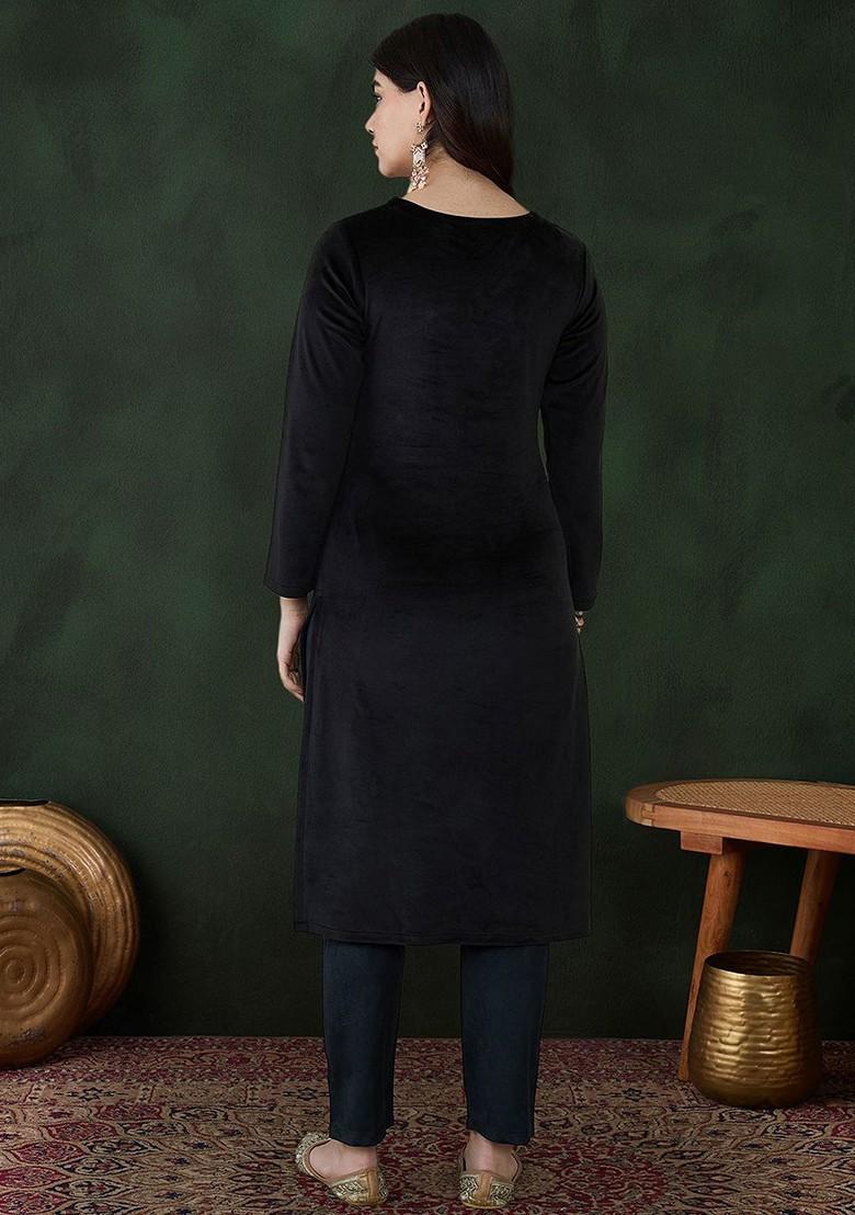 Black Yoke Design Blended Kurta Set - Indya