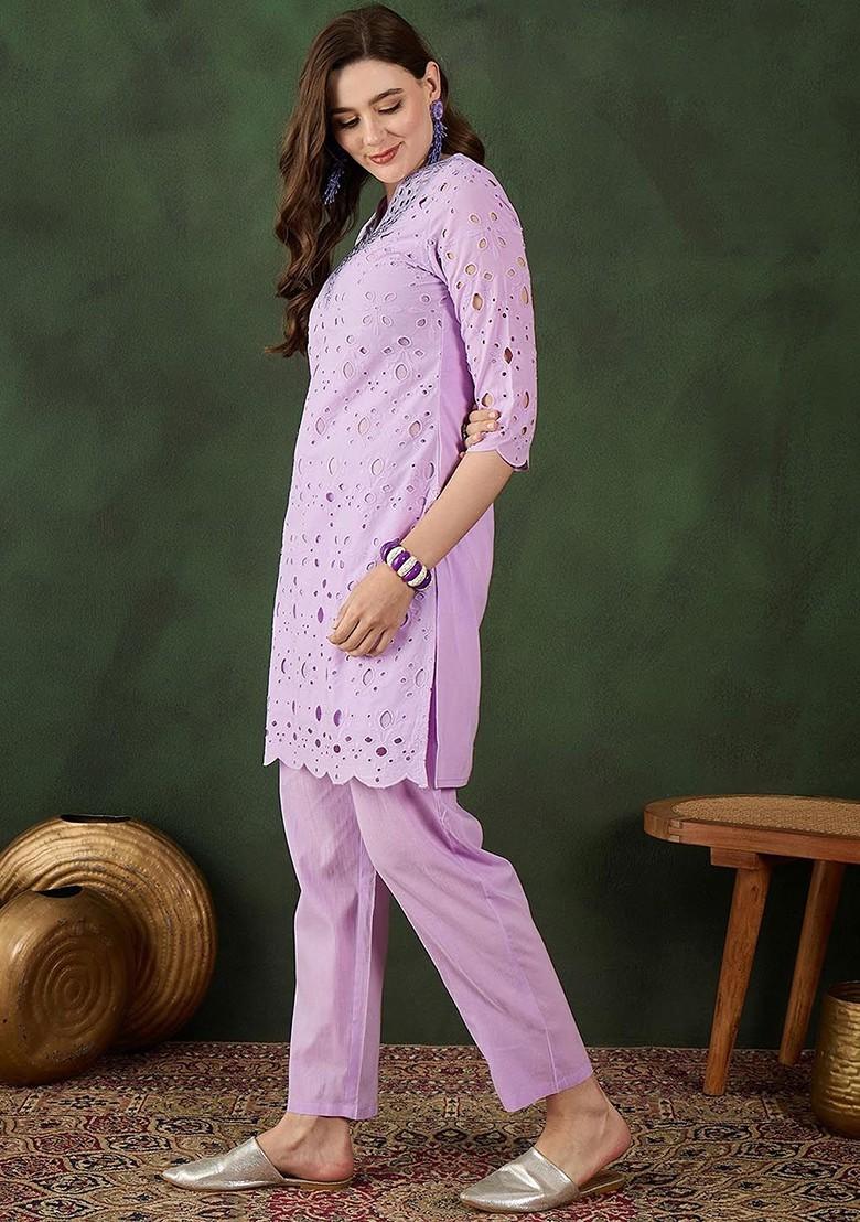 Purple Embroidered Blended Kurta Set - Indya
