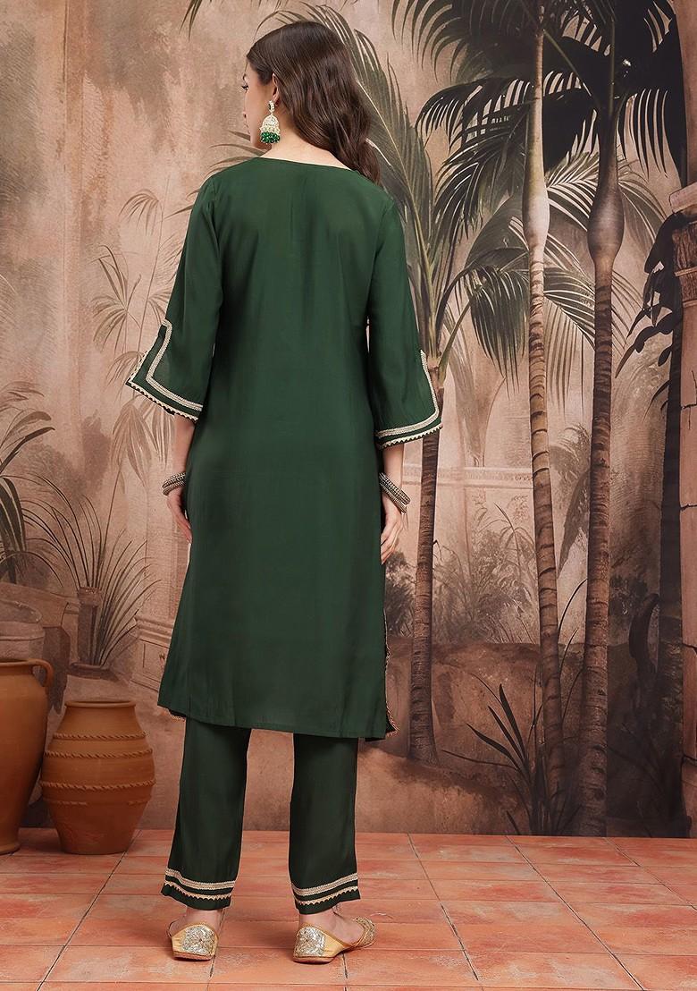 Green Solid Blended Kurta Set - Indya