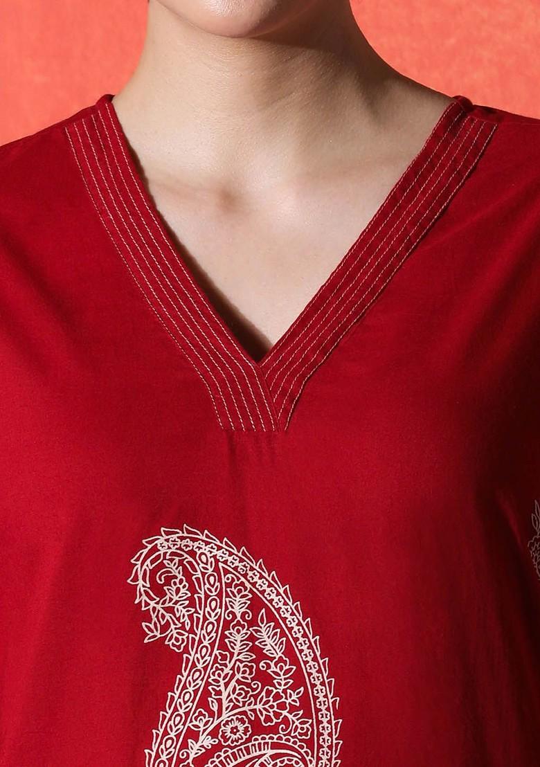 Maroon Printed Blended Kurta Set - Indya