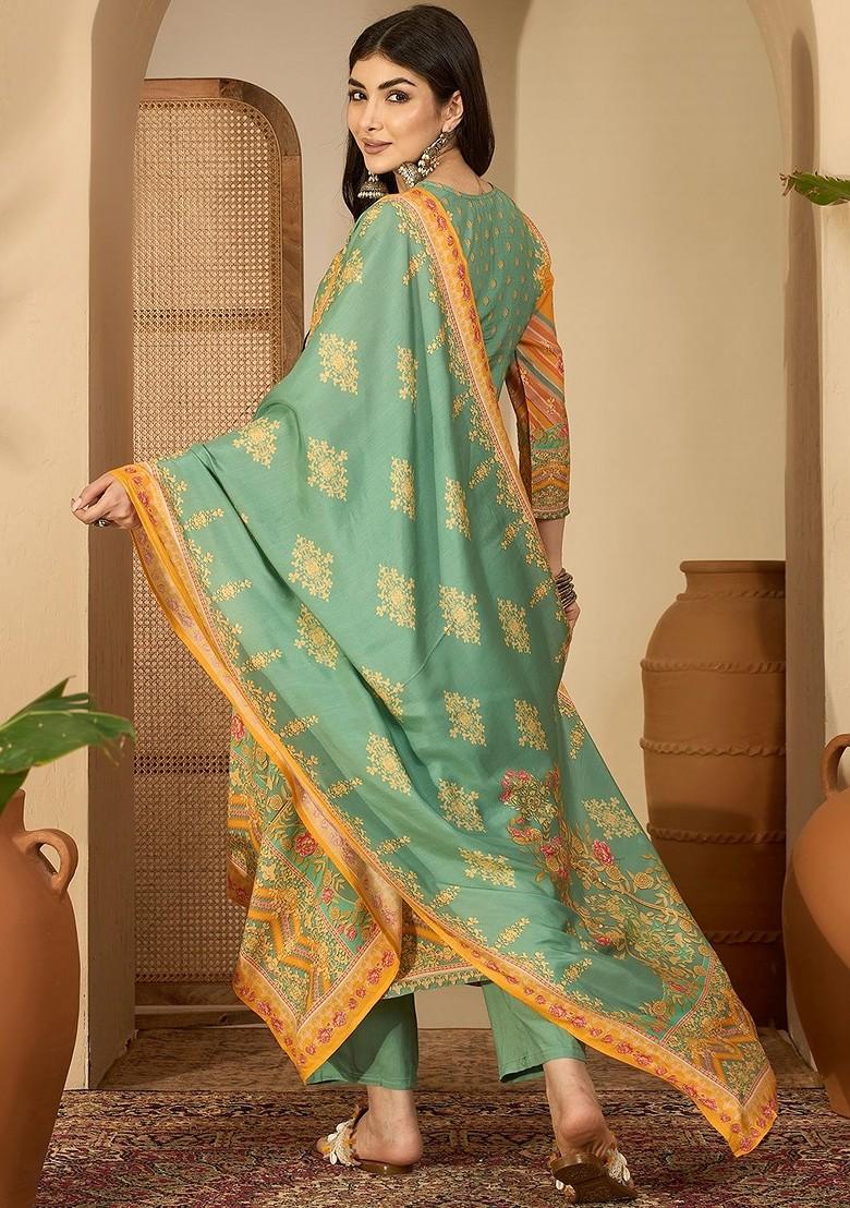 Green Printed Blended Kurta Set