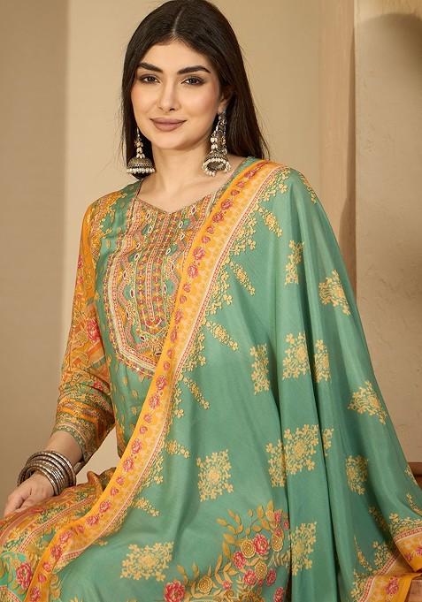 Green Printed Blended Kurta Set