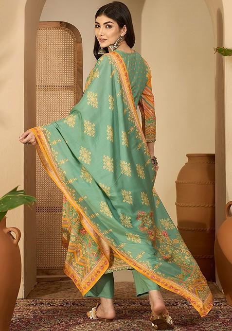 Green Printed Blended Kurta Set