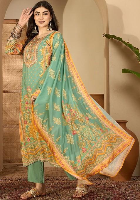 Green Printed Blended Kurta Set