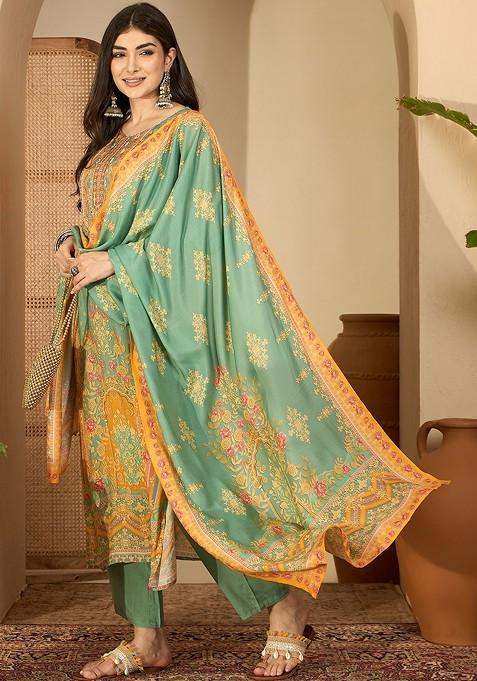 Green Printed Blended Kurta Set