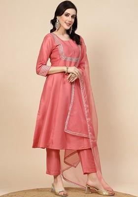 Peach Embroidered Blended Kurta Set