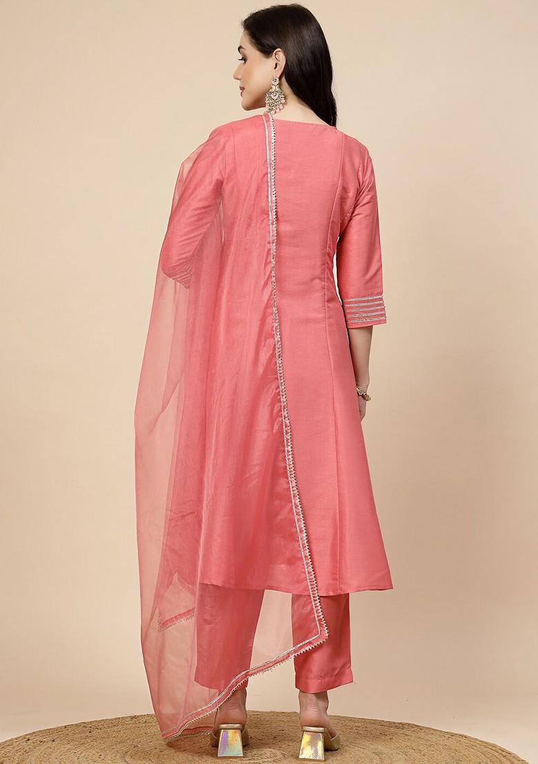 Peach Embroidered Blended Kurta Set - Indya