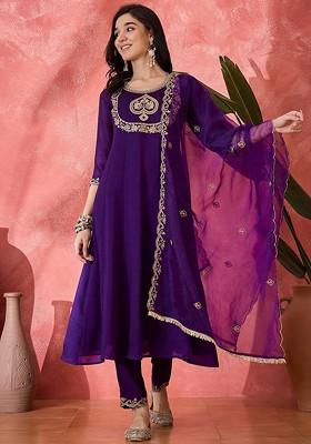 Purple Embroidered Blended Kurta Set