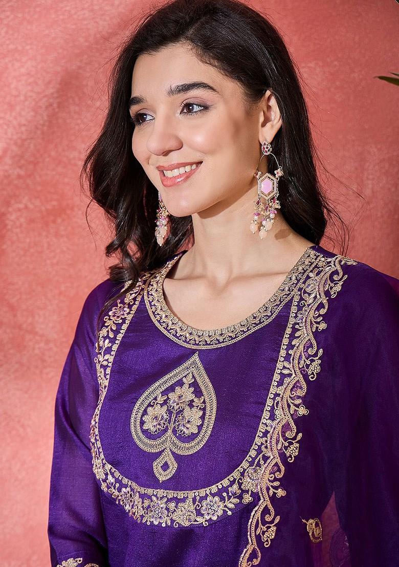 Purple Embroidered Blended Kurta Set - Indya
