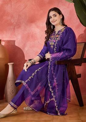 Purple Embroidered Blended Kurta Set