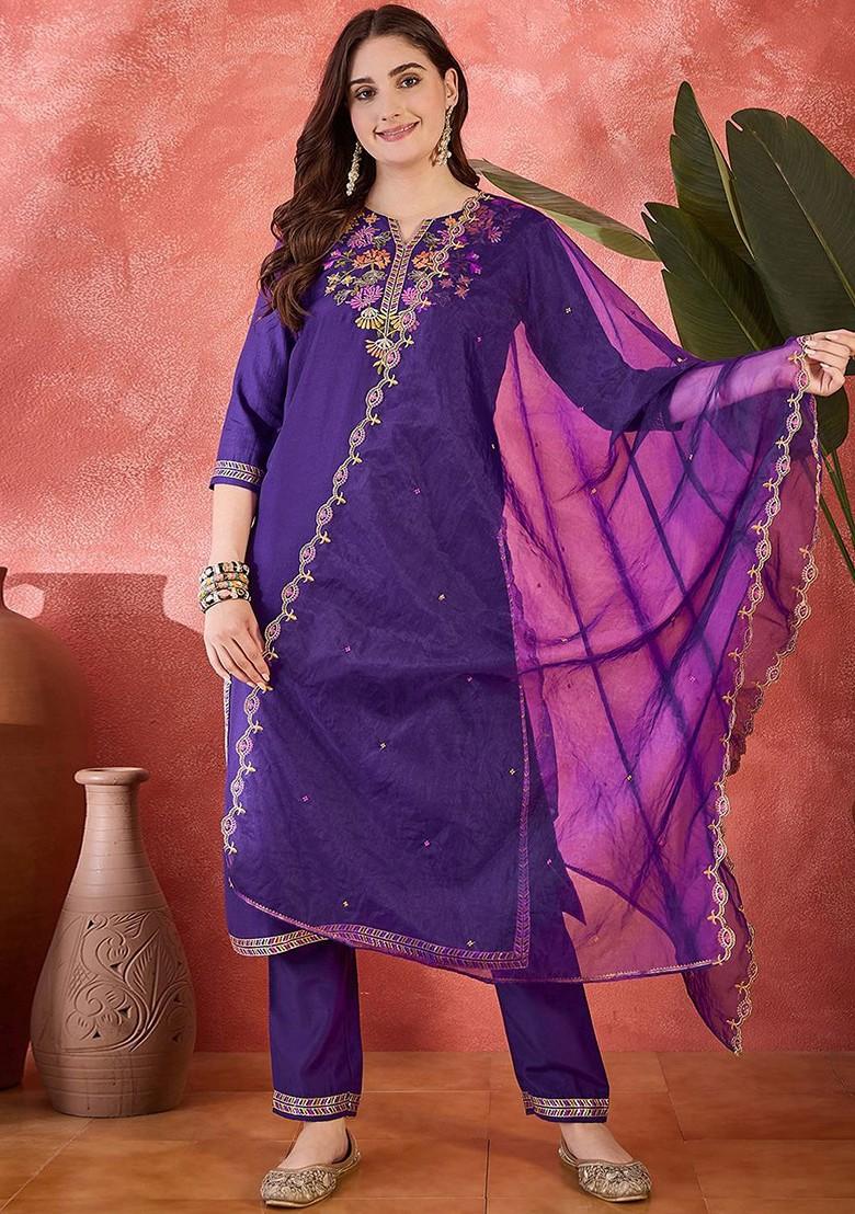 Purple Embroidered Blended Kurta Set - Indya