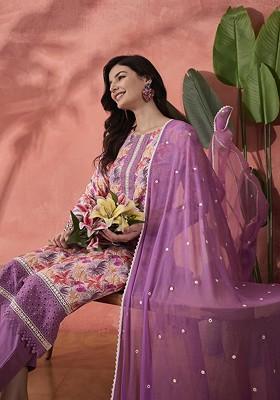 Purple Printed Blended Kurta Set